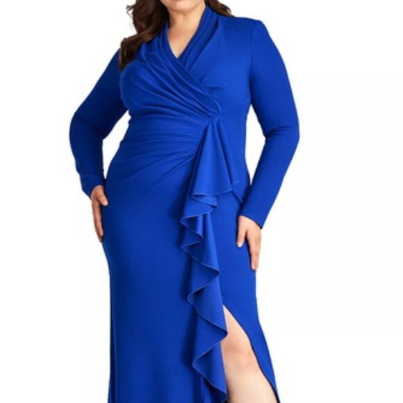 Tadashi Shoji Mystic Blue Ruched Long Sleeve Column Gown - Picture 1 of 7